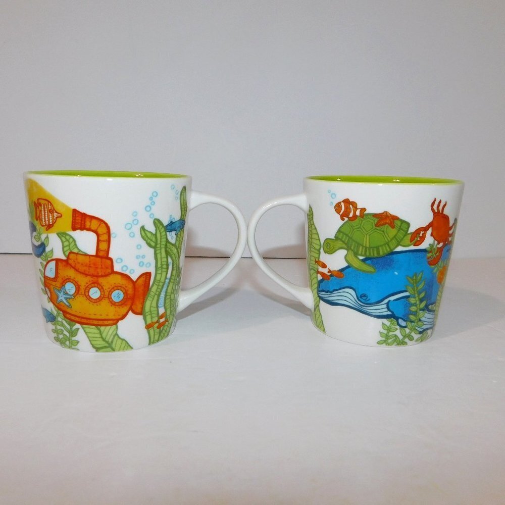 Starbucks 2010 Under the Sea Mugs Yellow Submarine Blue Whale Bone China Set 2